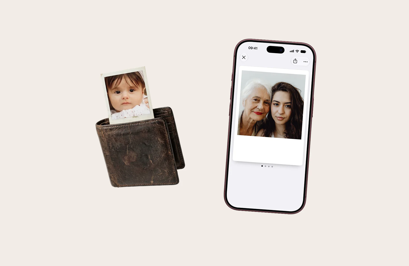 A worn leather wallet holding a baby photo, next to an iPhone showing a photo of a grandmother and her granddaughter
